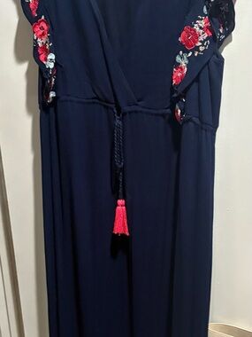 Navy Maxi Dress with Red Floral Embroidery